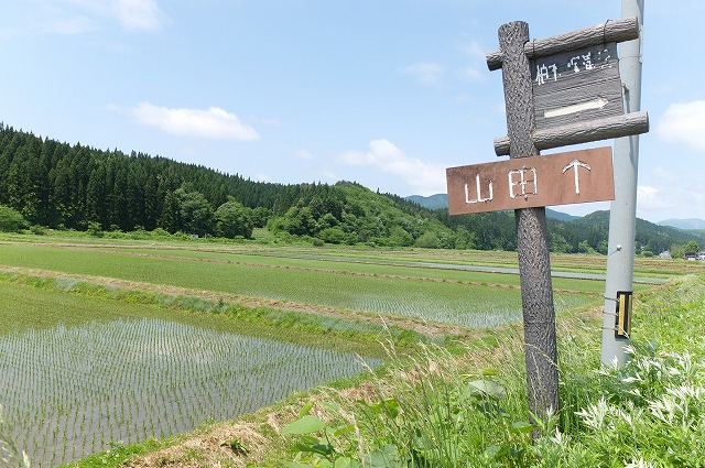 写真：山田地域の田園の中に設置されている「山田」の看板