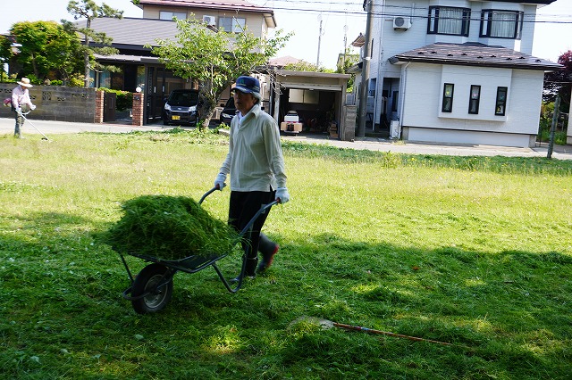 写真：刈った草を集める人