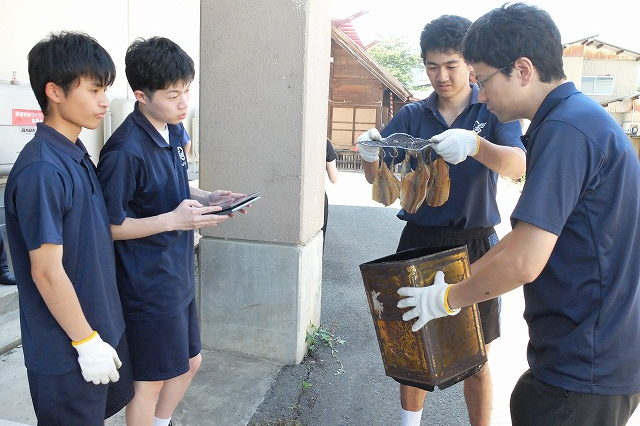 写真：いぶしたヤマメを取り出す生徒たち