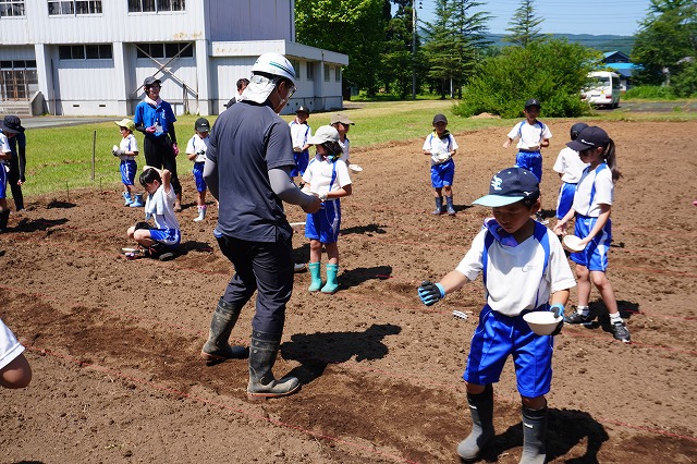 写真：種まきをする子どもたち