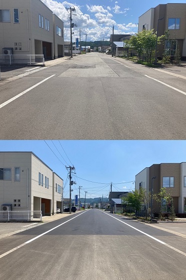 横手市婦気 道路舗装工事（上：着工前 下：完成後）